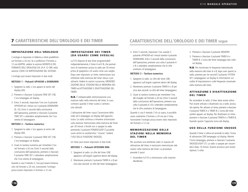 Caratteristiche dell'orologio e dei timer, 7caratteristiche dell'orologio e dei timer, Segue | Eton Elite E10 User Manual | Page 70 / 80