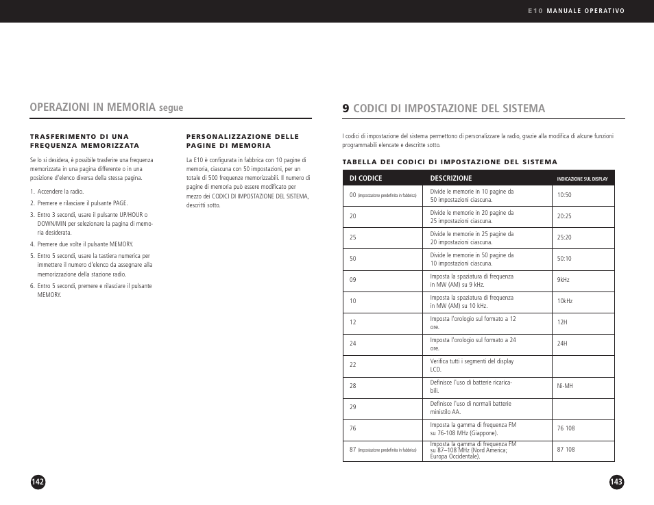 9codici di impostazione del sistema, Segue | Eton Elite E10 User Manual | Page 72 / 80
