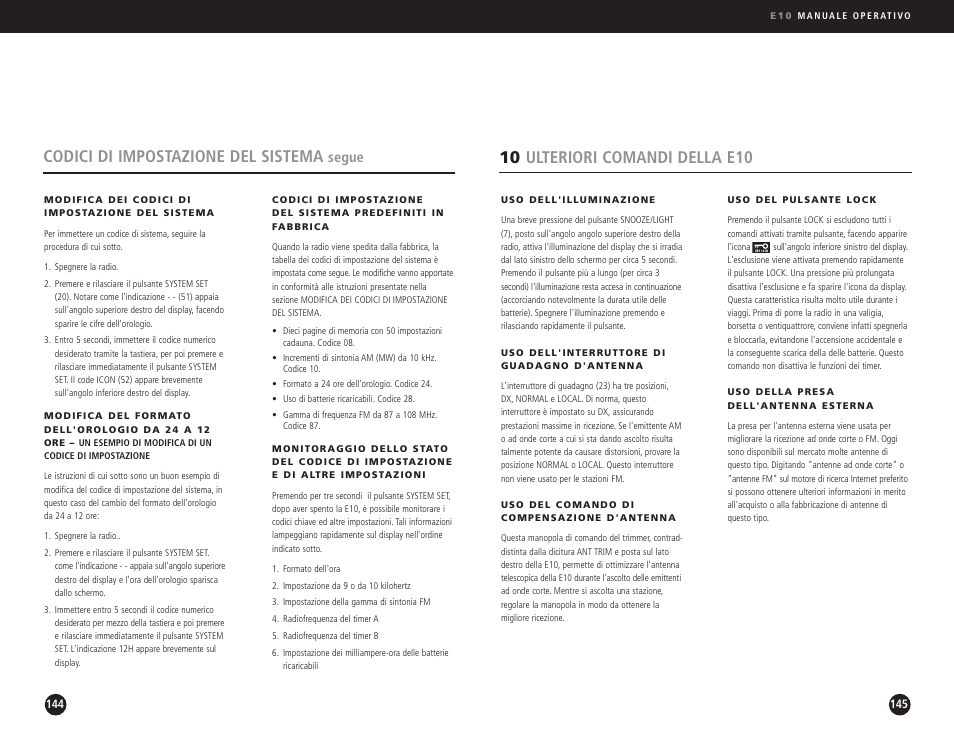 10 ulteriori comandi della e10, Codici di impostazione del sistema, Segue | Eton Elite E10 User Manual | Page 73 / 80