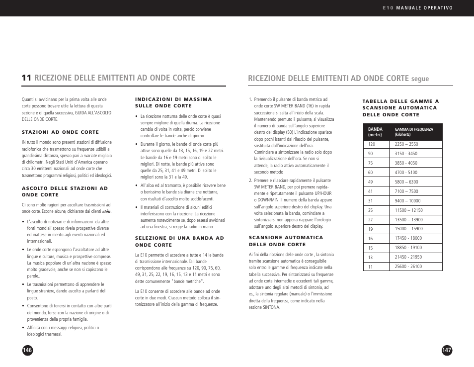 Ricezione delle emittenti ad onde corte, 11 ricezione delle emittenti ad onde corte, Segue | Eton Elite E10 User Manual | Page 74 / 80