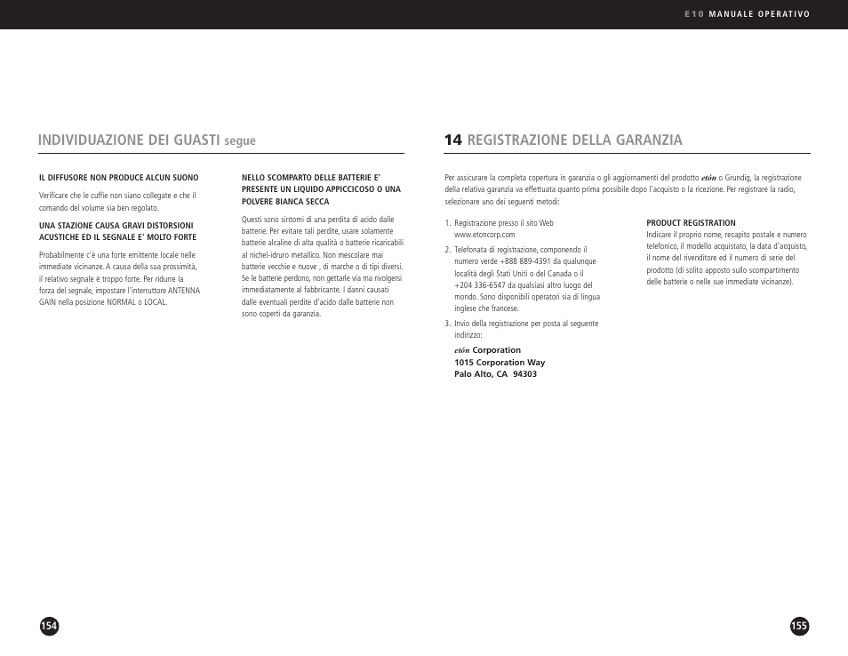 Individuazione dei guasti, 14 registrazione della garanzia, Segue | Eton Elite E10 User Manual | Page 78 / 80