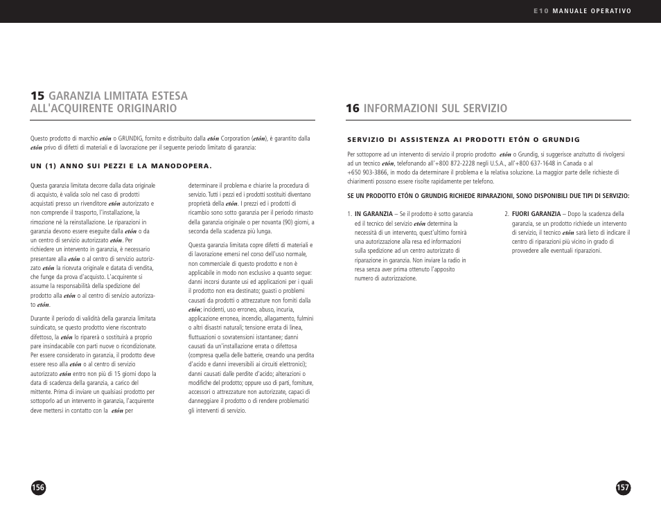 16 informazioni sul servizio | Eton Elite E10 User Manual | Page 79 / 80