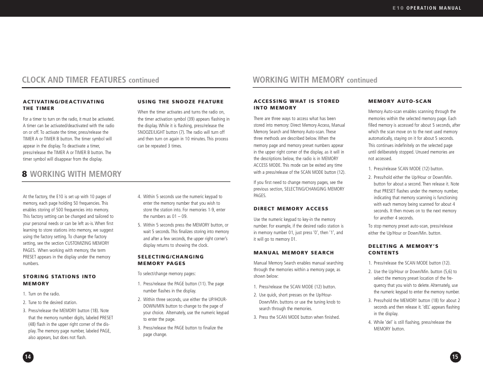 Clock and timer features, Continued | Eton Elite E10 User Manual | Page 8 / 80