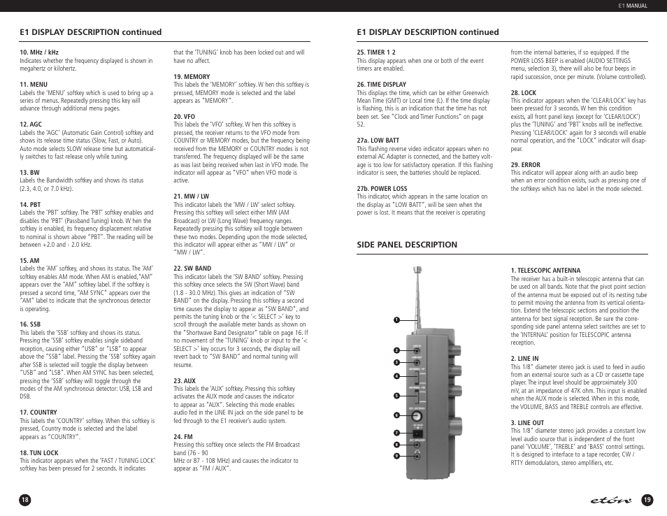 E1 display description continued, Side panel description | Eton E1 User Manual | Page 11 / 35