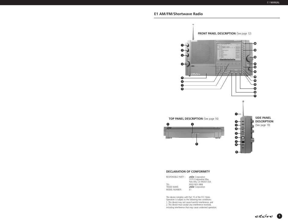 E1 am/fm/shortwave radio | Eton E1 User Manual | Page 2 / 35