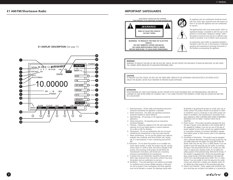 Important safeguards, E1 am/fm/shortwave radio | Eton E1 User Manual | Page 3 / 35