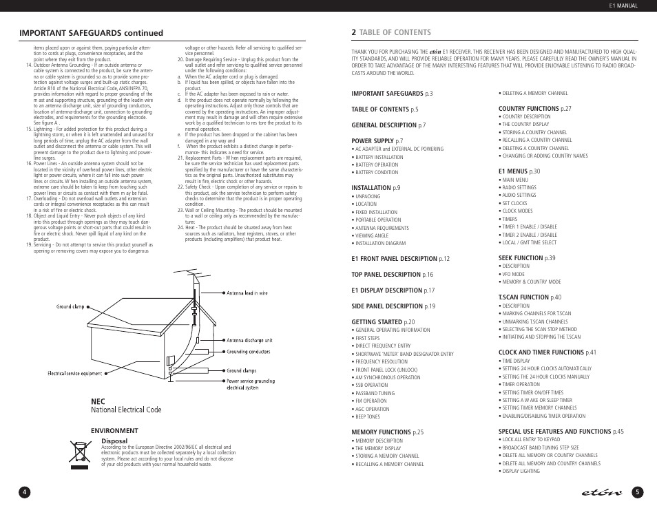 2table of contents, Important safeguards continued | Eton E1 User Manual | Page 4 / 35