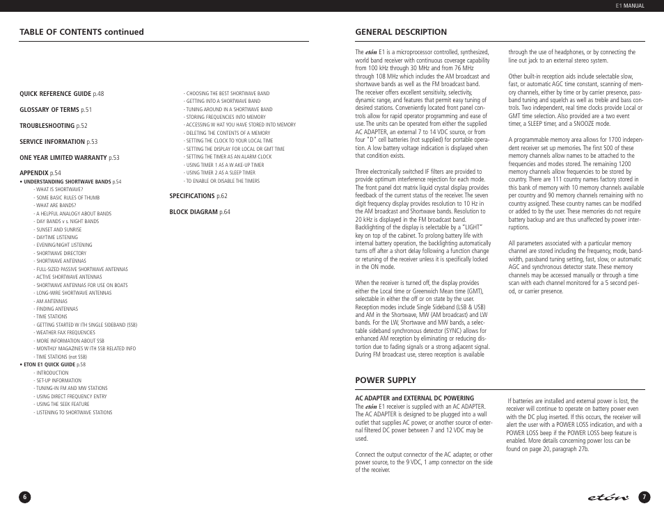 General description, Power supply, Table of contents continued | Eton E1 User Manual | Page 5 / 35