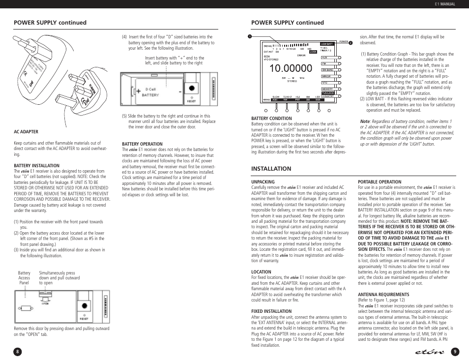 Power supply continued, Installation | Eton E1 User Manual | Page 6 / 35