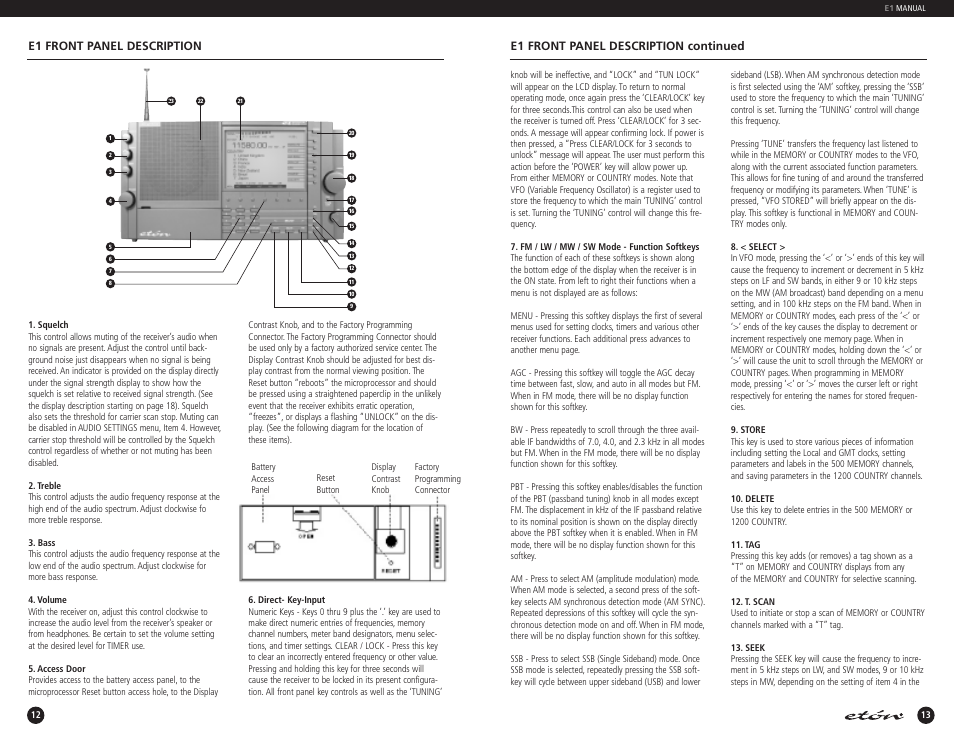 E1 front panel description continued, E1 front panel description | Eton E1 User Manual | Page 8 / 35