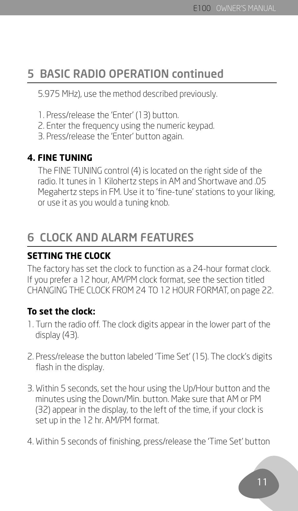 5 basic radio operation continued, 6 clock and alarm features | Eton Elite E100 User Manual | Page 13 / 41