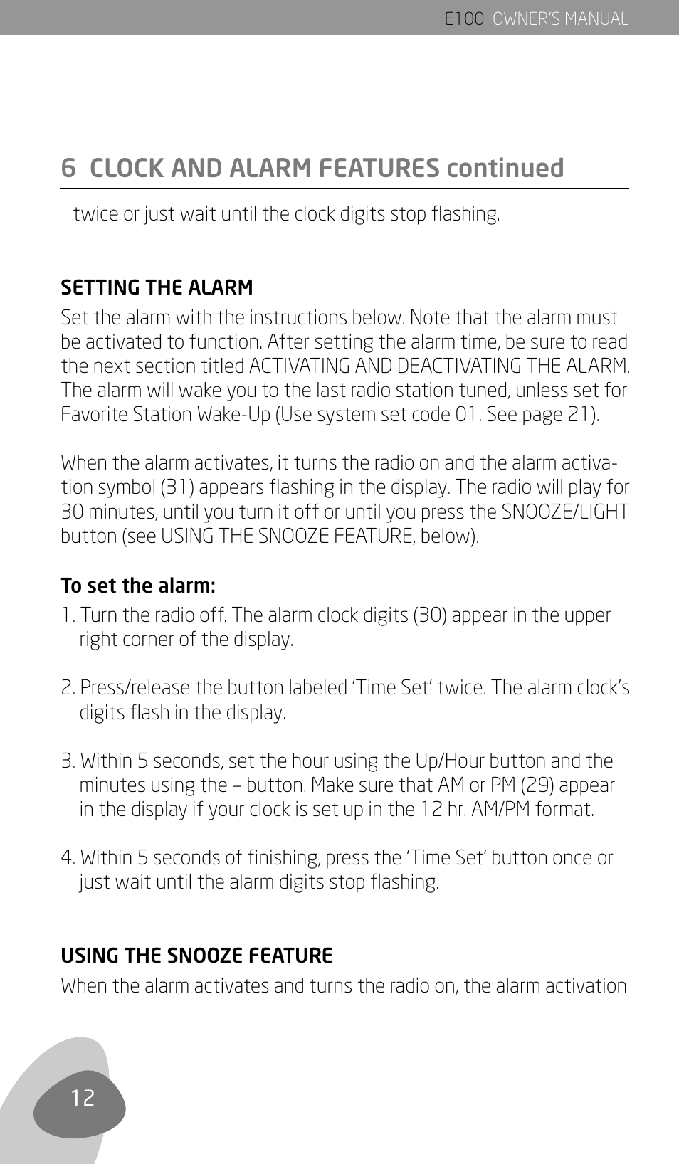 6 clock and alarm features continued | Eton Elite E100 User Manual | Page 14 / 41