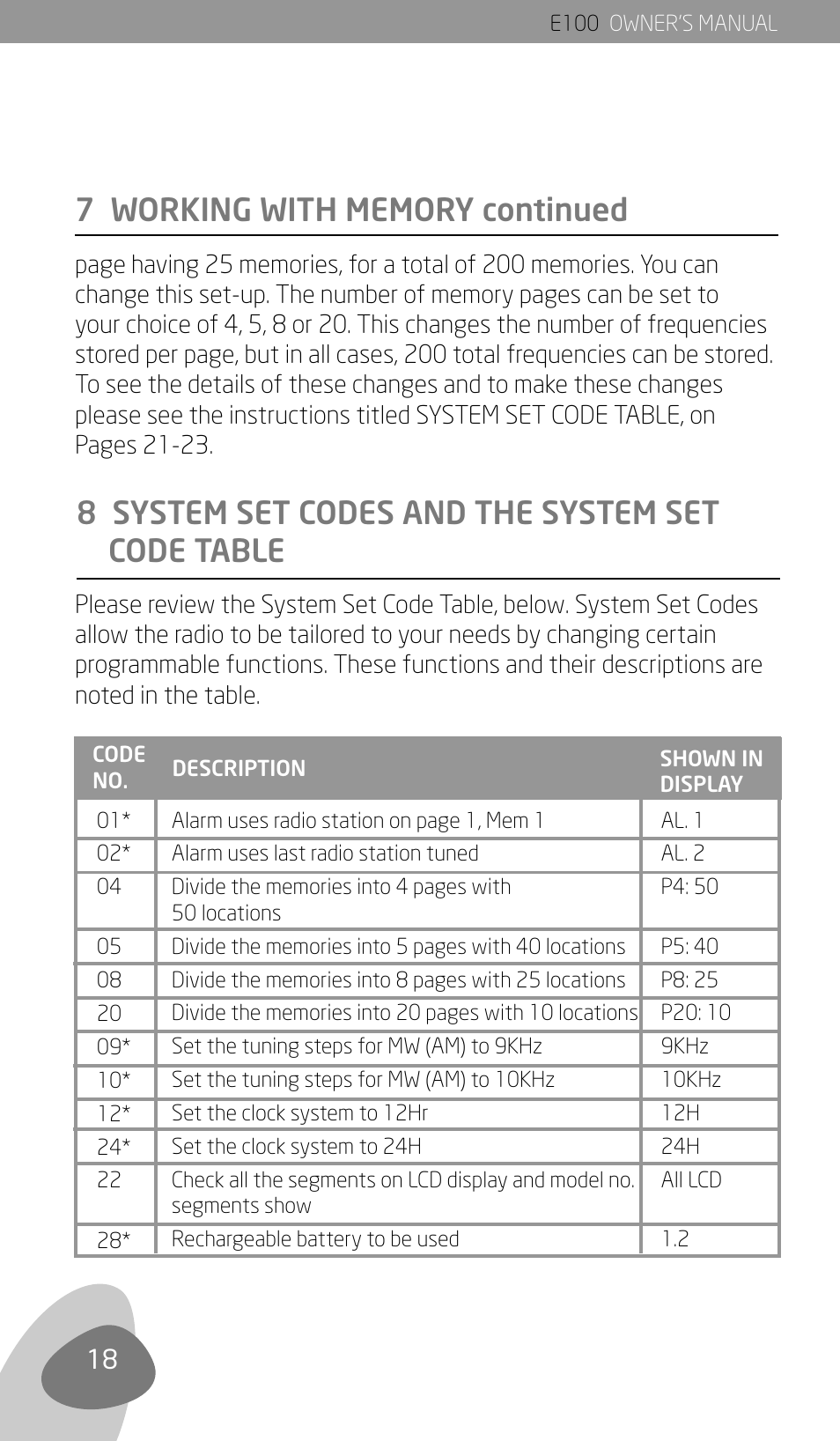 8 system set codes and the system set code table | Eton Elite E100 User Manual | Page 20 / 41