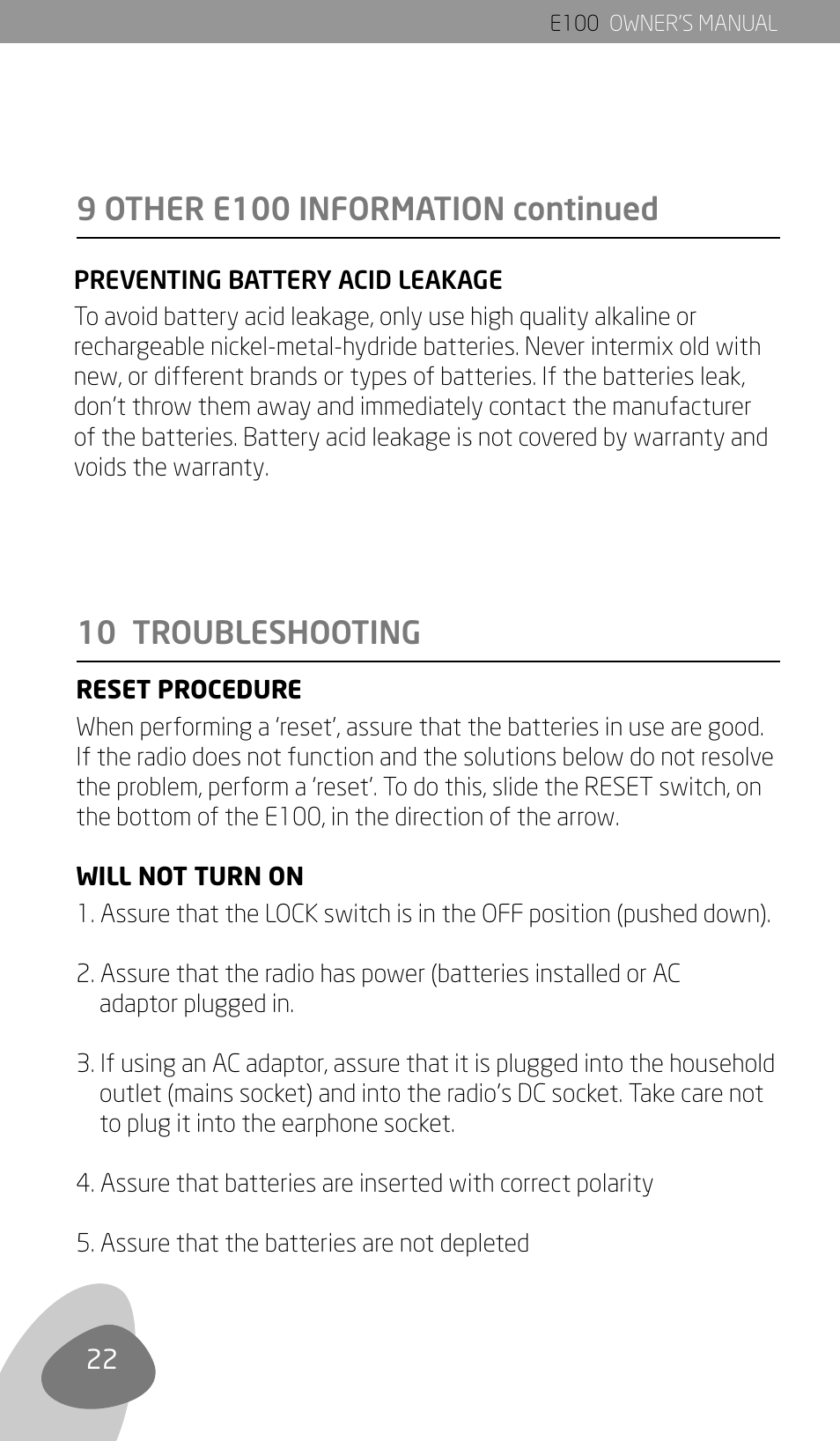 9 other e100 information continued, 10 troubleshooting | Eton Elite E100 User Manual | Page 24 / 41