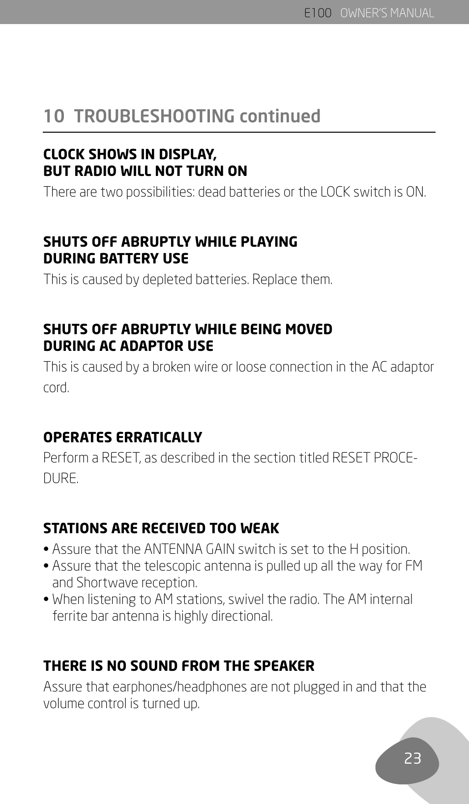 10 troubleshooting continued | Eton Elite E100 User Manual | Page 25 / 41