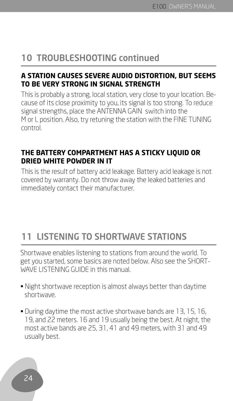 10 troubleshooting continued, 11 listening to shortwave stations | Eton Elite E100 User Manual | Page 26 / 41