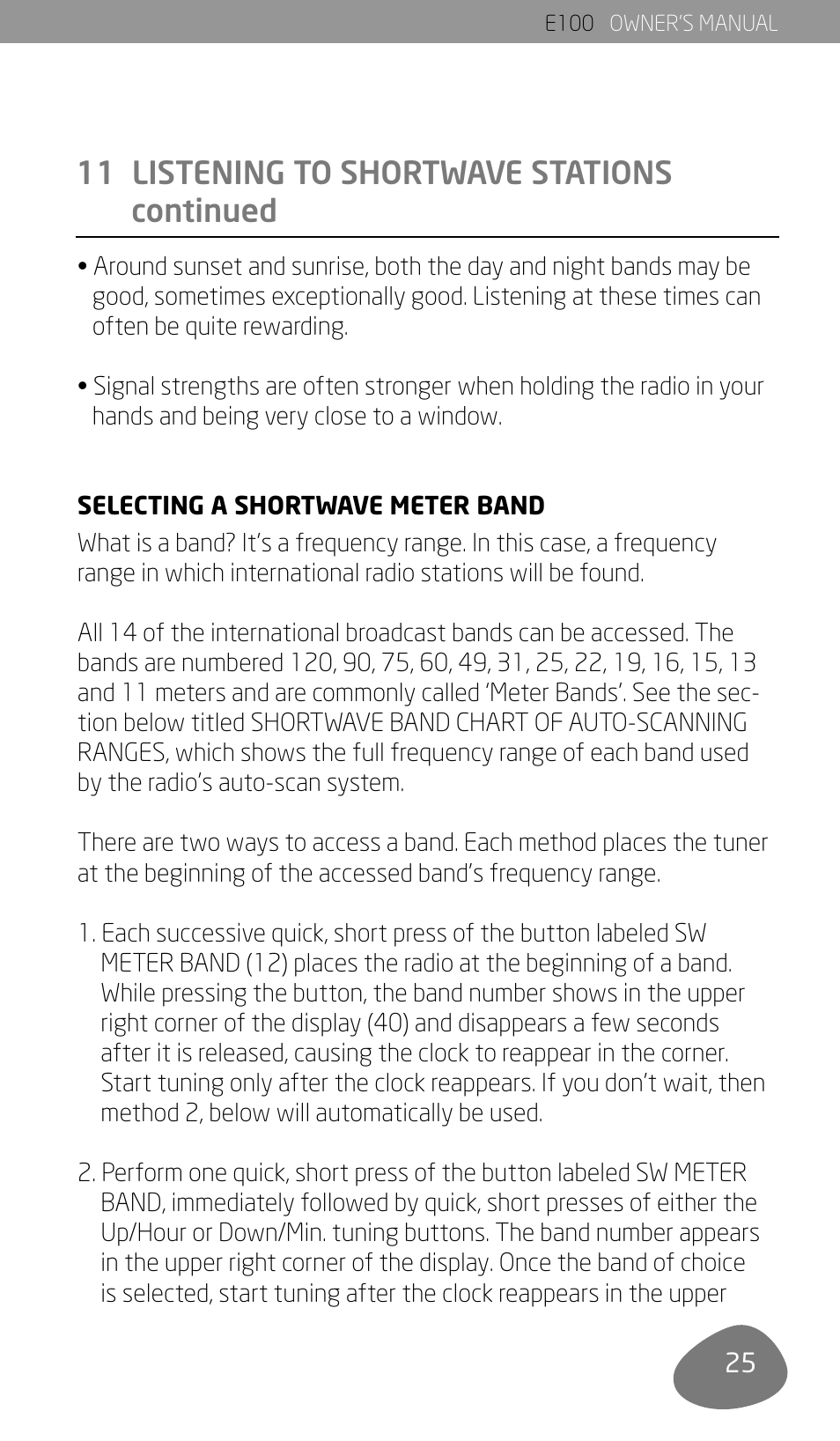 11 listening to shortwave stations continued | Eton Elite E100 User Manual | Page 27 / 41