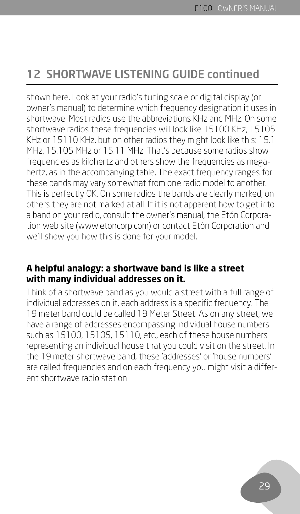 12 shortwave listening guide continued | Eton Elite E100 User Manual | Page 31 / 41