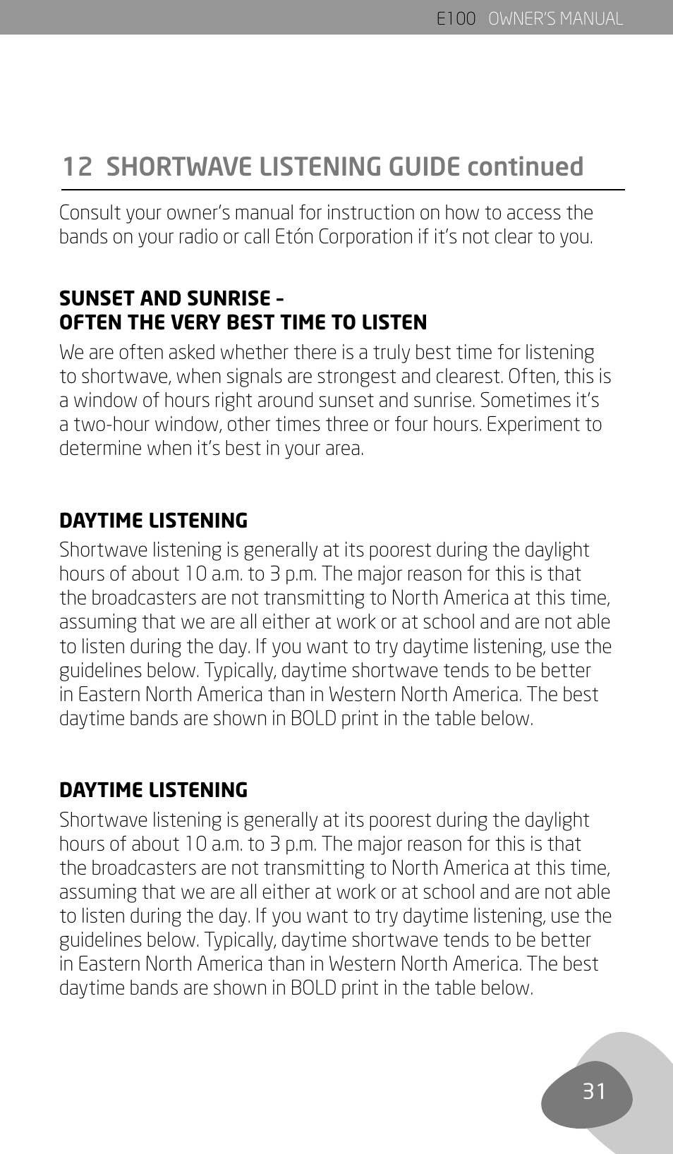 12 shortwave listening guide continued | Eton Elite E100 User Manual | Page 33 / 41