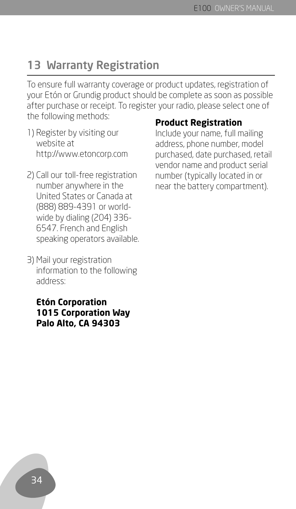 13 warranty registration | Eton Elite E100 User Manual | Page 36 / 41