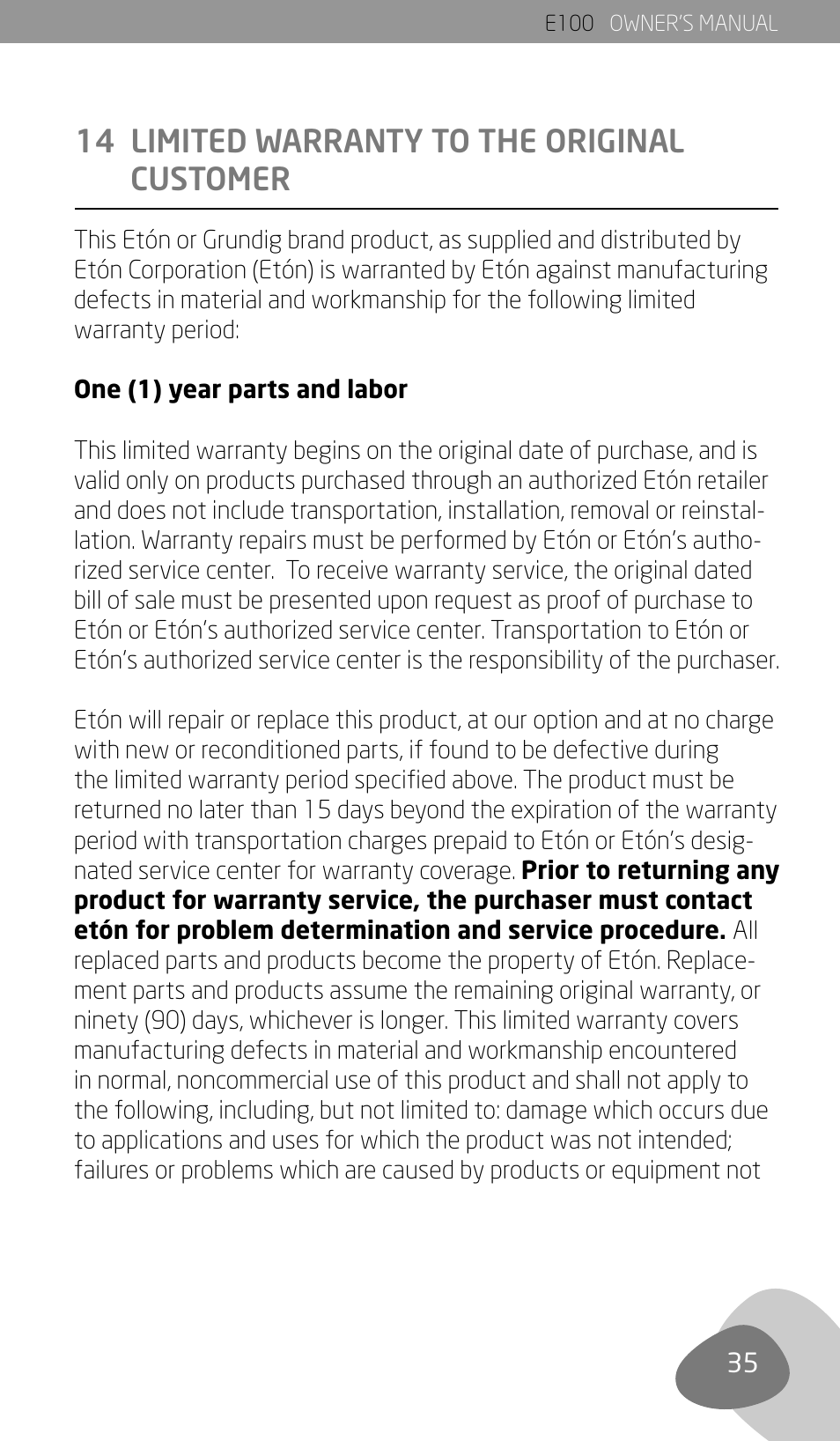 14 limited warranty to the original customer | Eton Elite E100 User Manual | Page 37 / 41