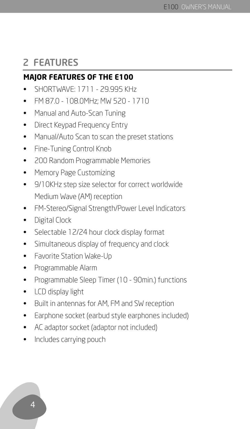 2 features | Eton Elite E100 User Manual | Page 6 / 41