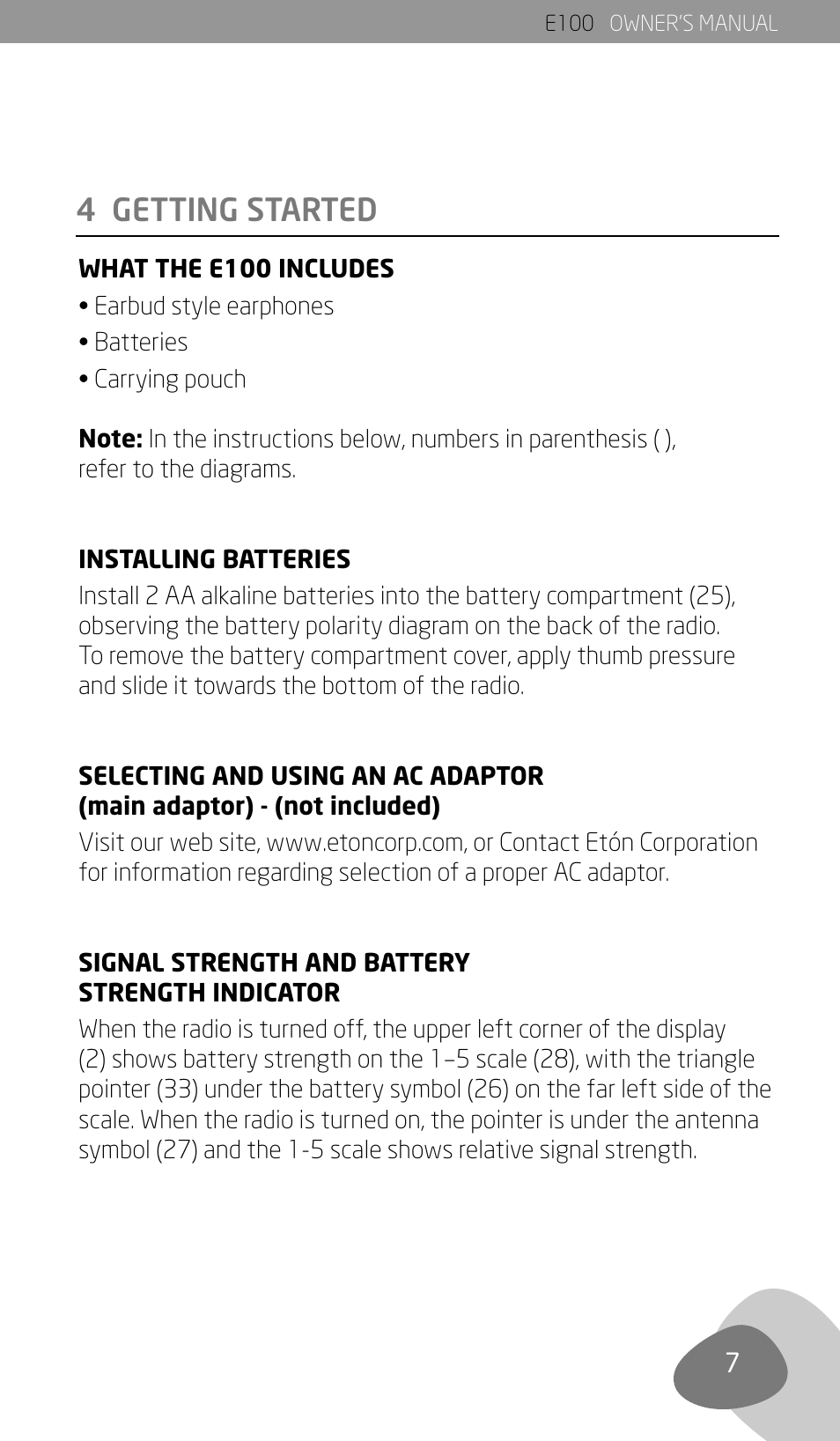 4 getting started | Eton Elite E100 User Manual | Page 9 / 41