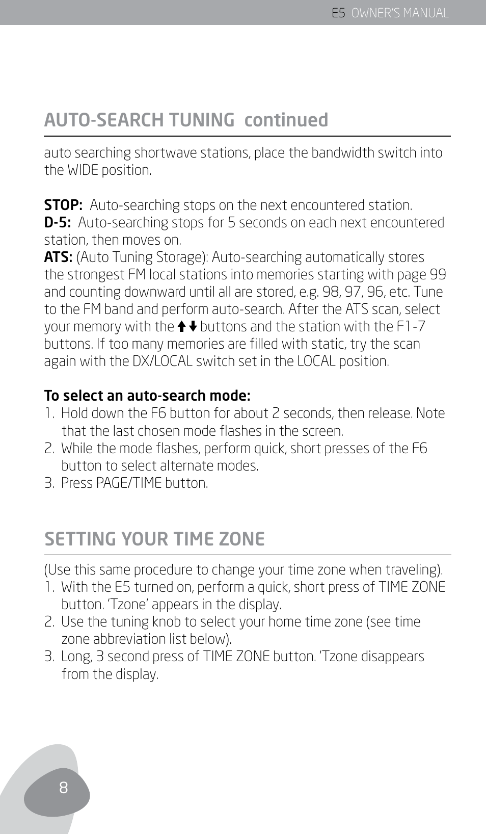 Auto-search tuning continued, Setting your time zone | Eton E5 User Manual | Page 10 / 106