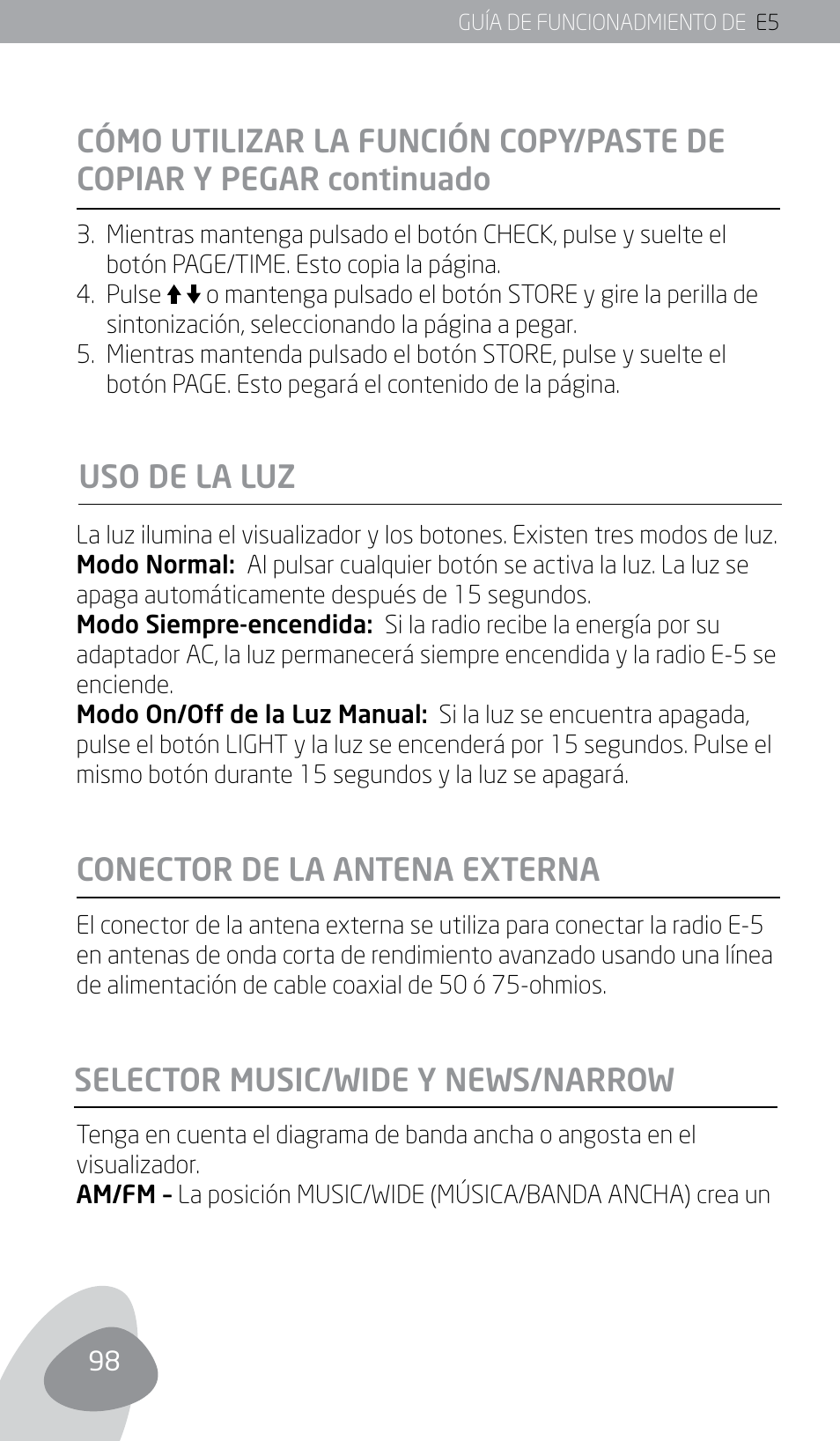 Uso de la luz | Eton E5 User Manual | Page 100 / 106