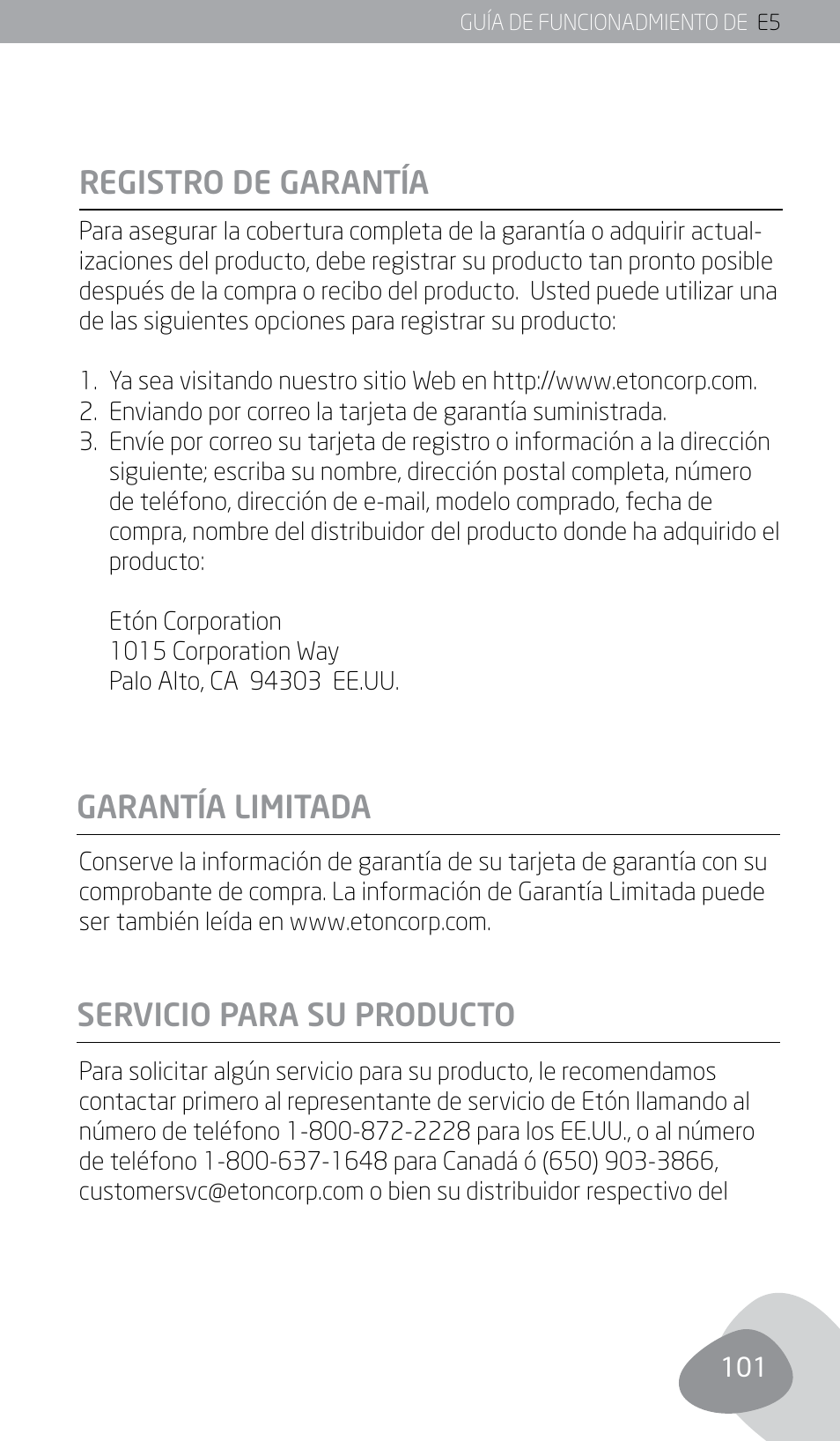 Registro de garantía, Garantía limitada servicio para su producto | Eton E5 User Manual | Page 103 / 106