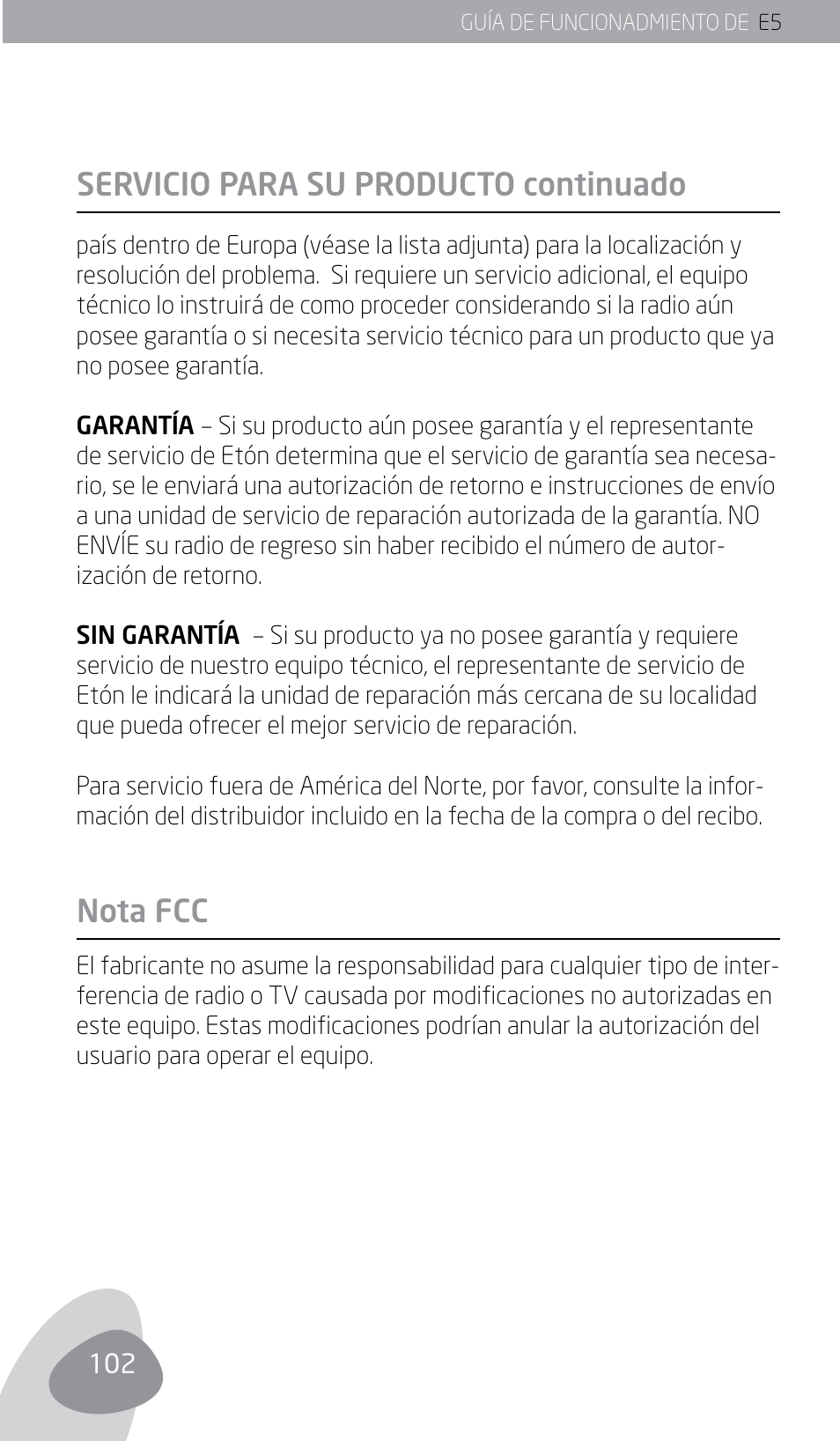 Servicio para su producto continuado nota fcc | Eton E5 User Manual | Page 104 / 106