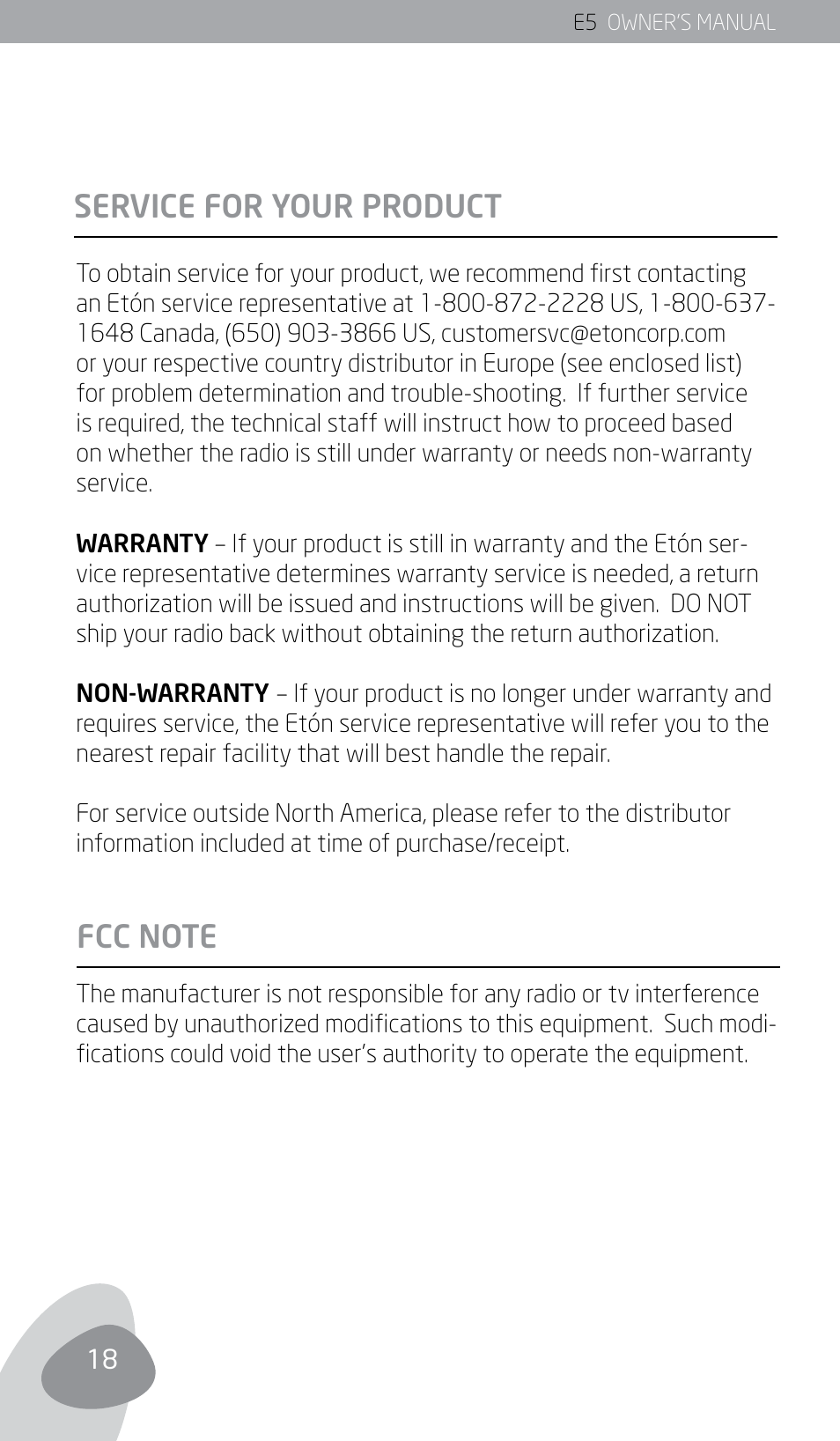 Service for your product | Eton E5 User Manual | Page 20 / 106