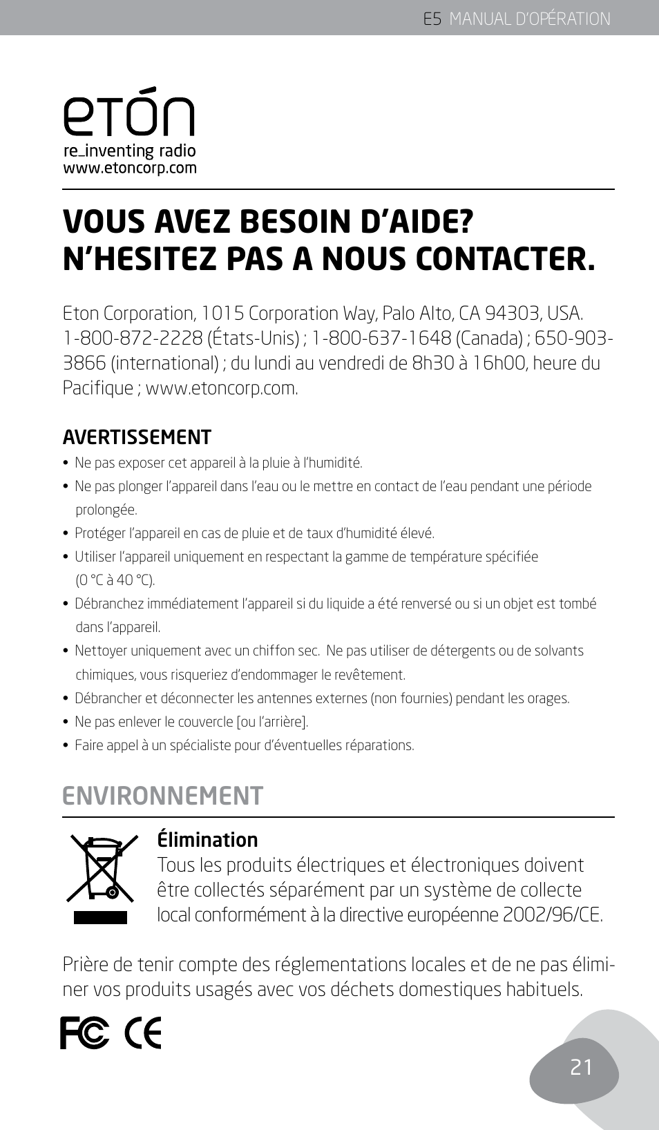 Environnement | Eton E5 User Manual | Page 23 / 106