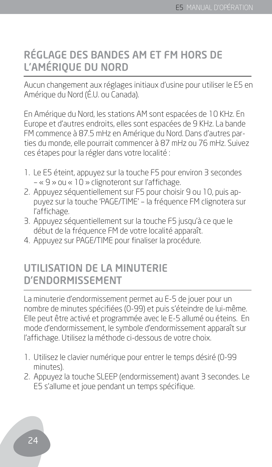 Utilisation de la minuterie d’endormissement | Eton E5 User Manual | Page 26 / 106