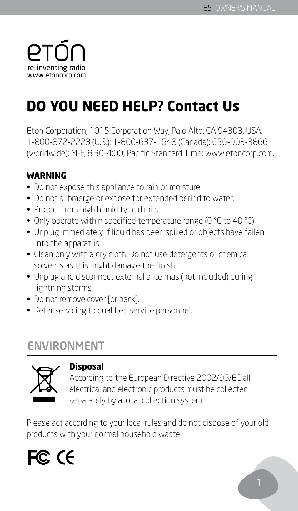 Do you need help ? contact us, Environment | Eton E5 User Manual | Page 3 / 106