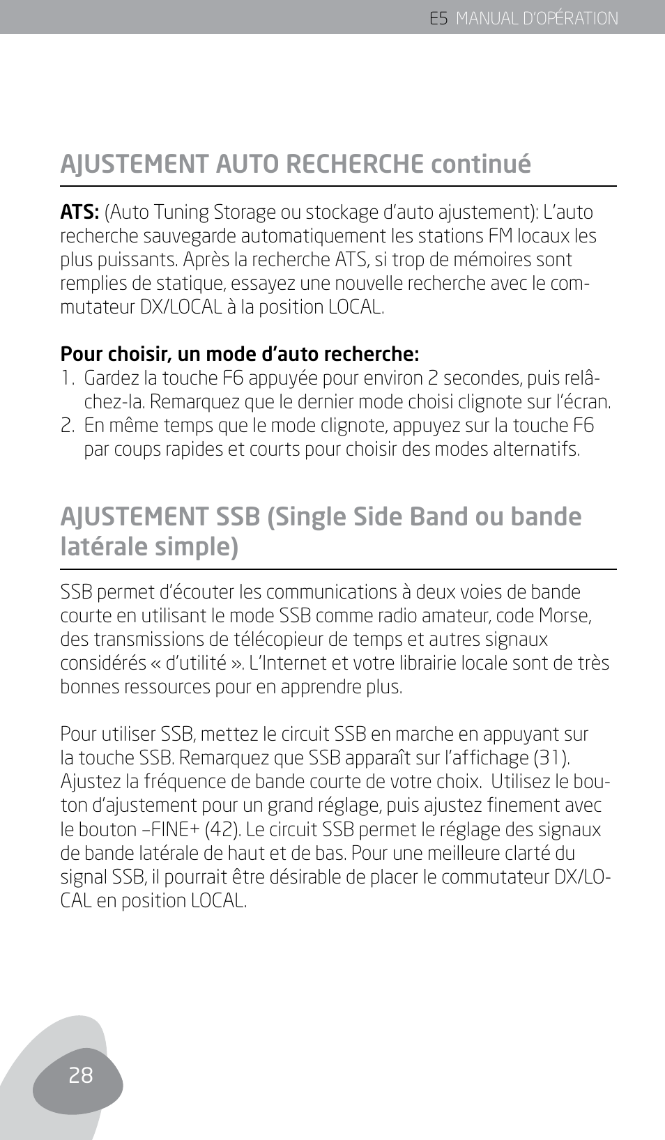 Ajustement auto recherche continué | Eton E5 User Manual | Page 30 / 106