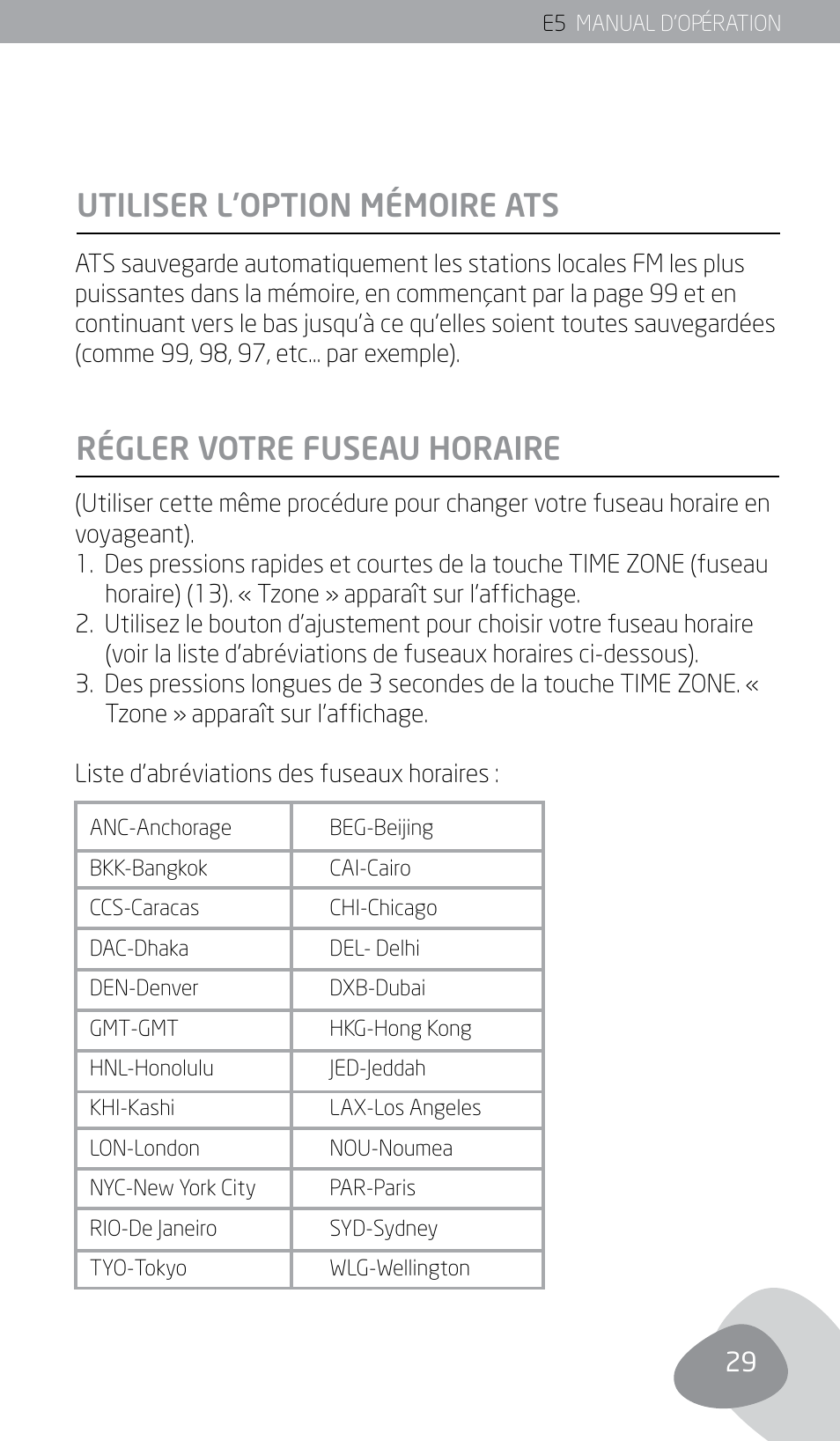 Utiliser l’option mémoire ats, Régler votre fuseau horaire | Eton E5 User Manual | Page 31 / 106