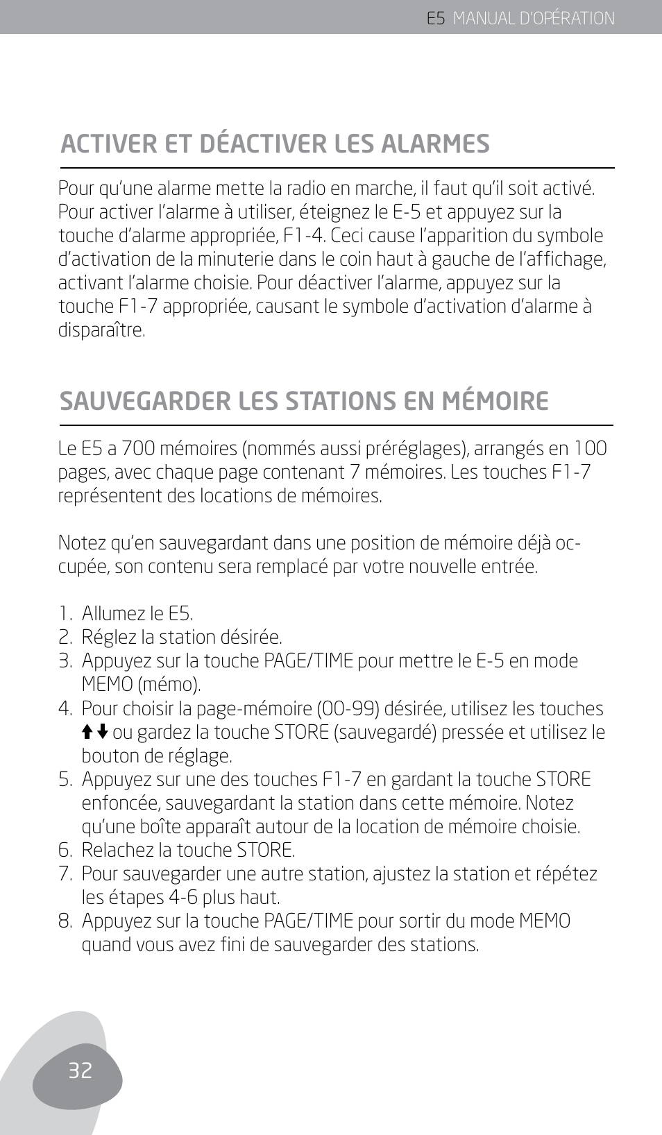 Activer et déactiver les alarmes, Sauvegarder les stations en mémoire | Eton E5 User Manual | Page 34 / 106