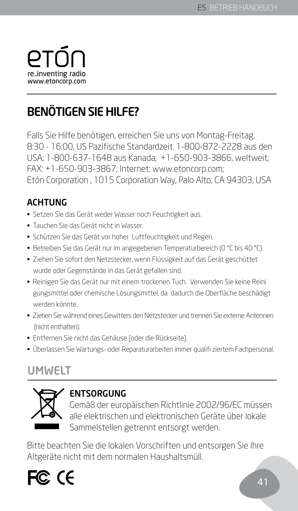 Benötigen sie hilfe, Umwelt | Eton E5 User Manual | Page 43 / 106