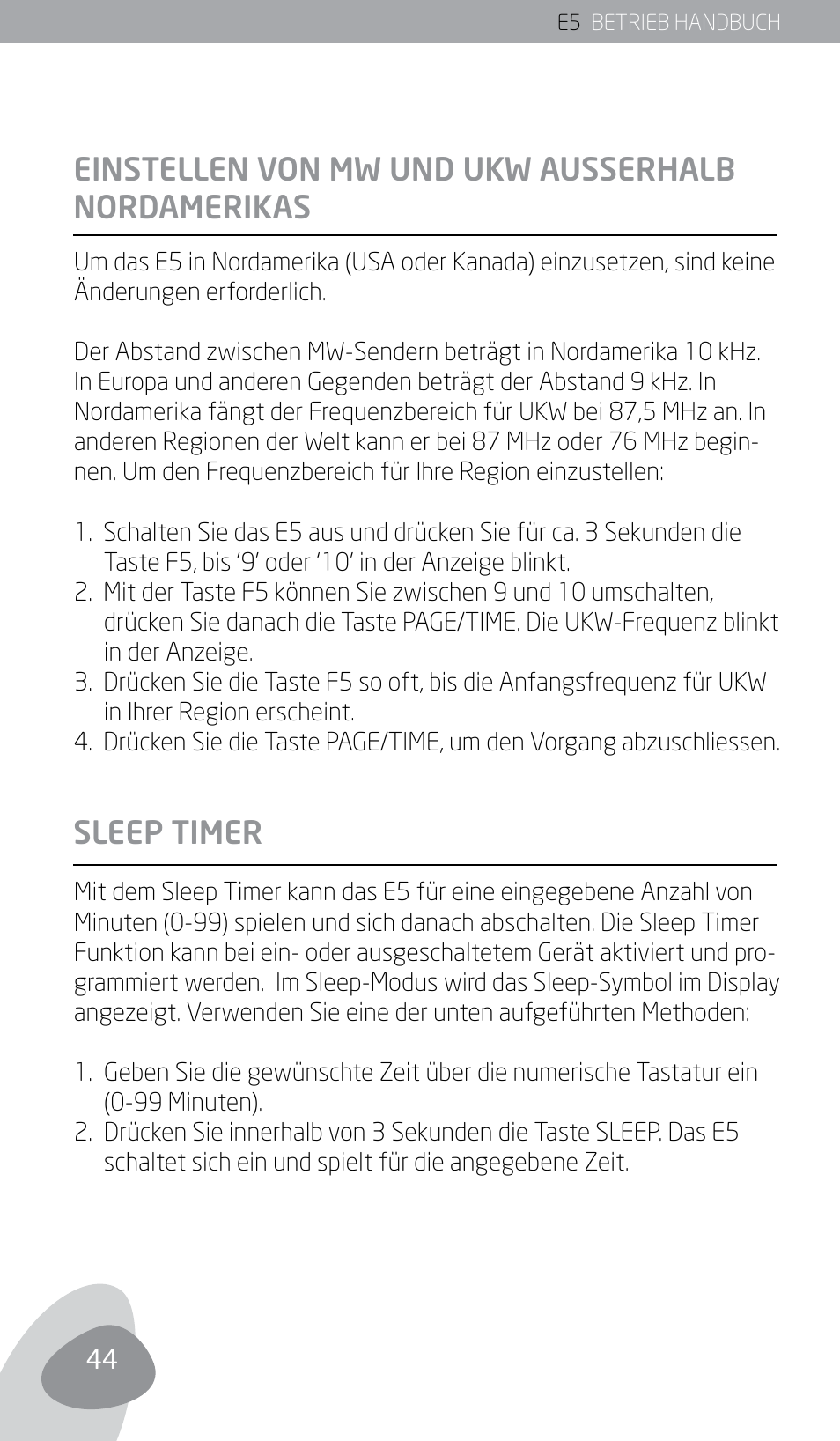 Einstellen von mw und ukw ausserhalb nordamerikas, Sleep timer | Eton E5 User Manual | Page 46 / 106