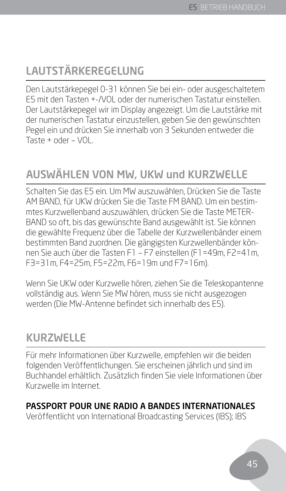 Lautstärkeregelung, Auswählen von mw, ukw und kurzwelle kurzwelle | Eton E5 User Manual | Page 47 / 106