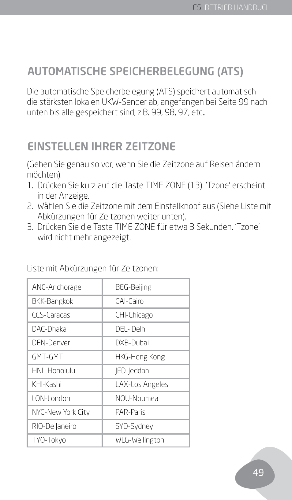 Automatische speicherbelegung (ats), Einstellen ihrer zeitzone | Eton E5 User Manual | Page 51 / 106