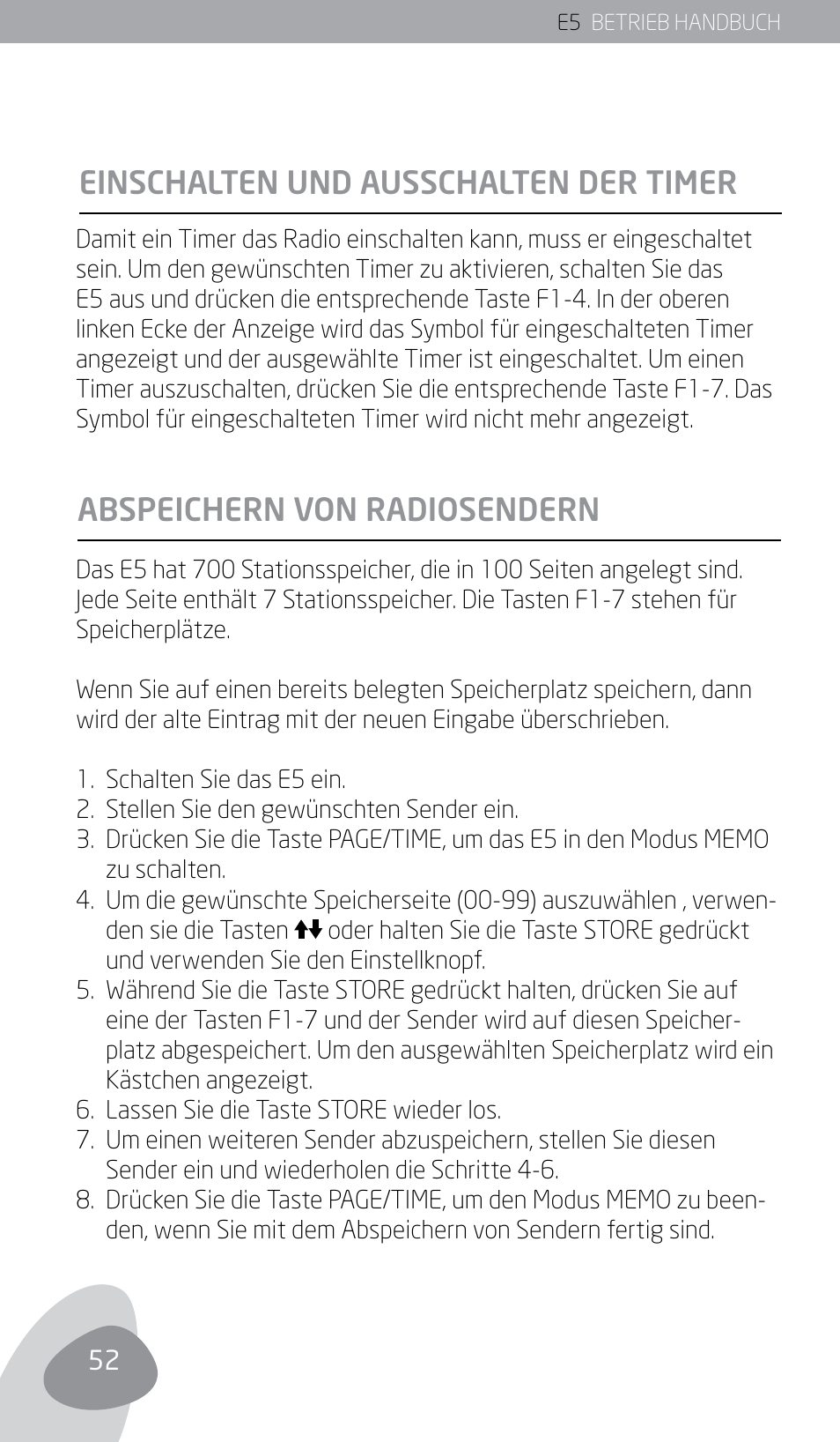 Einschalten und ausschalten der timer, Abspeichern von radiosendern | Eton E5 User Manual | Page 54 / 106