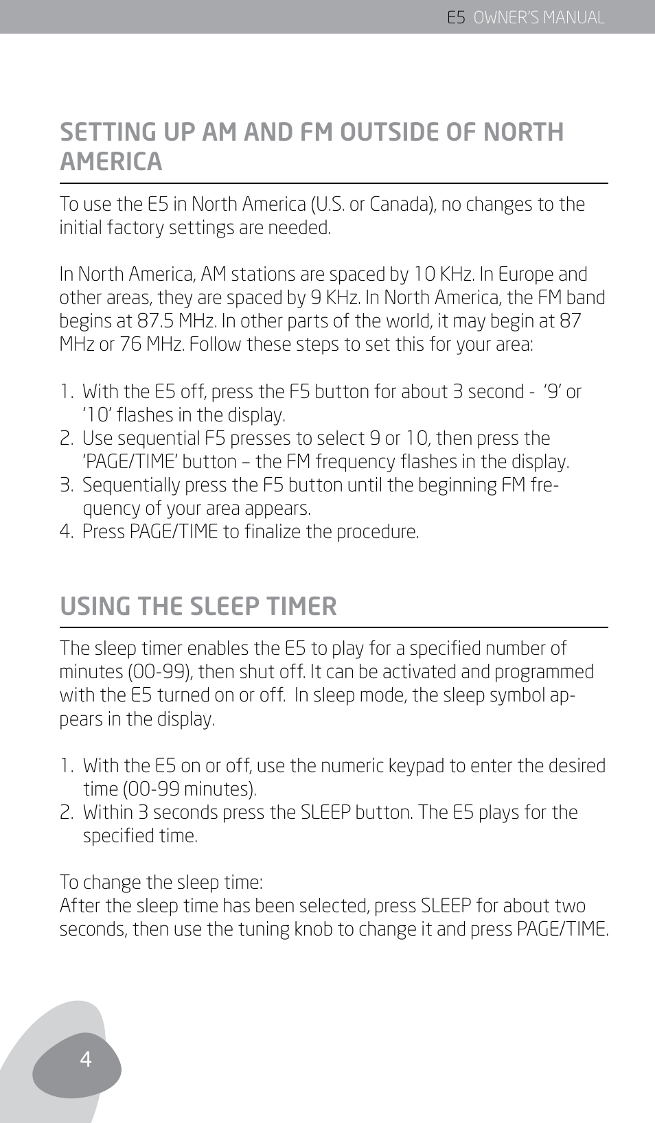 Setting up am and fm outside of north america, Using the sleep timer | Eton E5 User Manual | Page 6 / 106