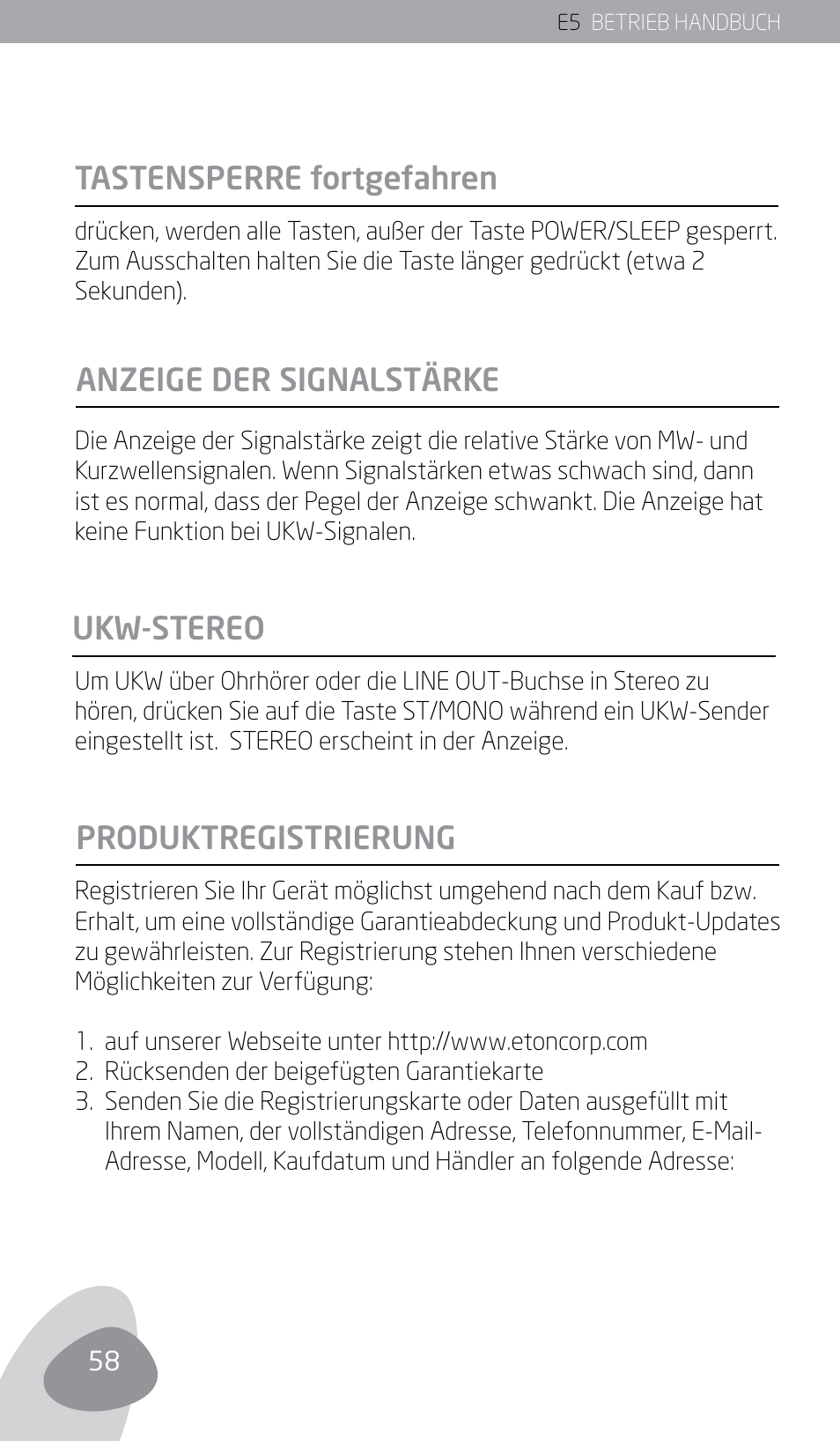 Tastensperre fortgefahren ukw-stereo, Anzeige der signalstärke produktregistrierung | Eton E5 User Manual | Page 60 / 106
