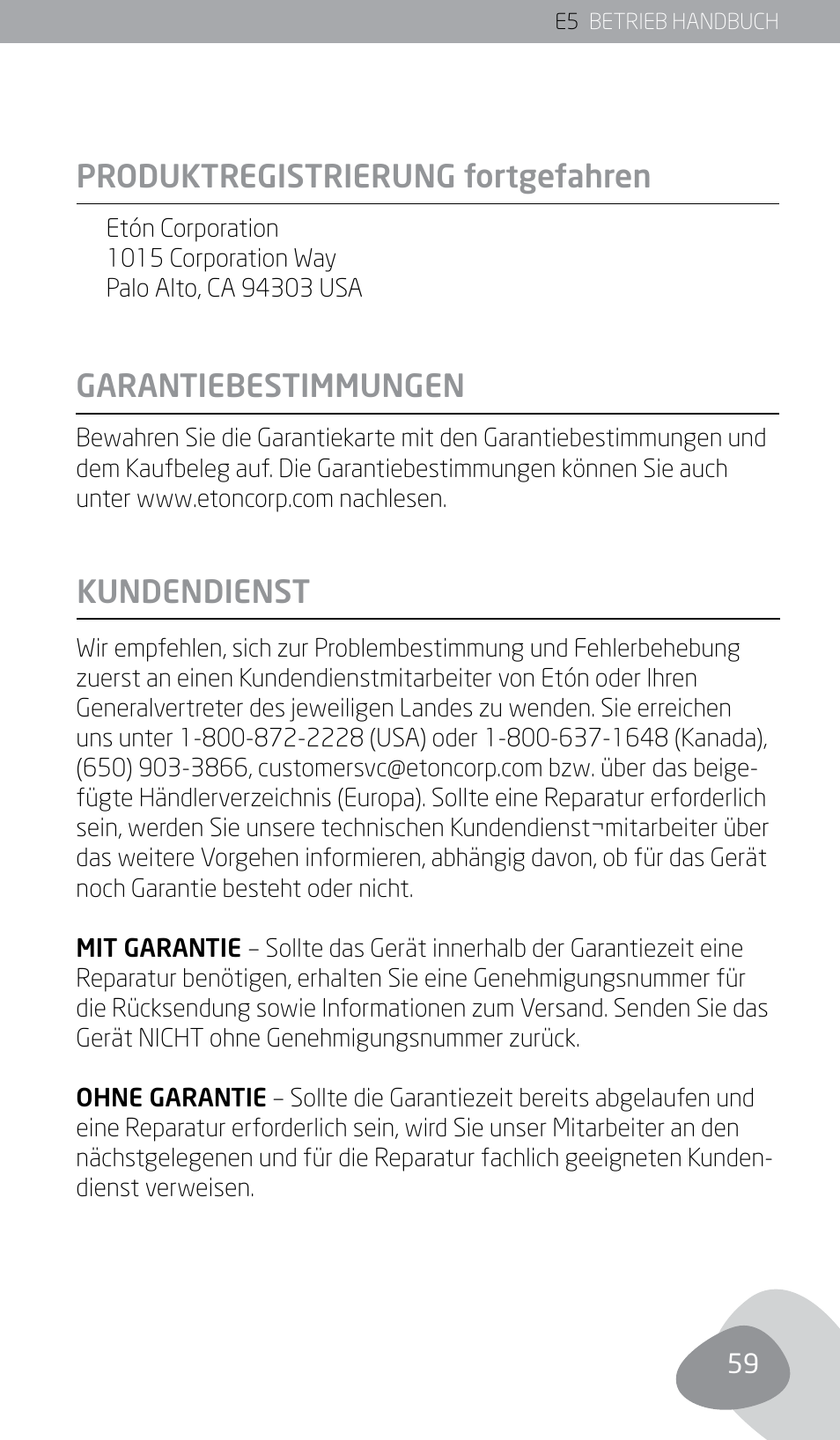 Produktregistrierung fortgefahren, Garantiebestimmungen kundendienst | Eton E5 User Manual | Page 61 / 106