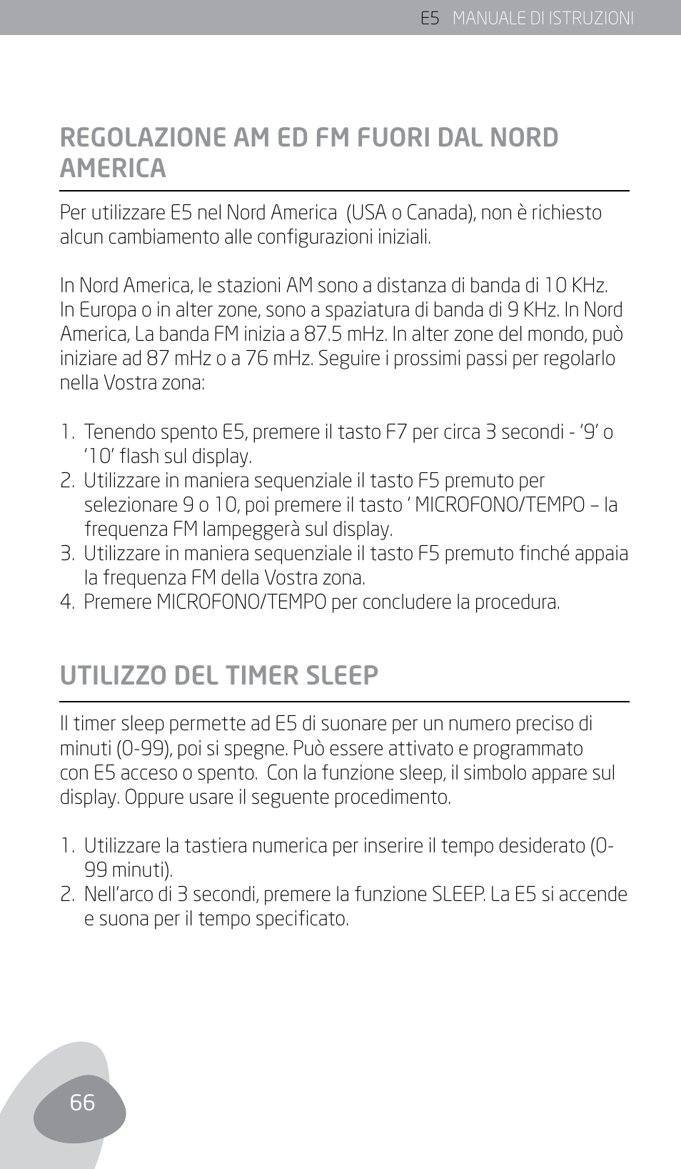Regolazione am ed fm fuori dal nord america, Utilizzo del timer sleep | Eton E5 User Manual | Page 68 / 106