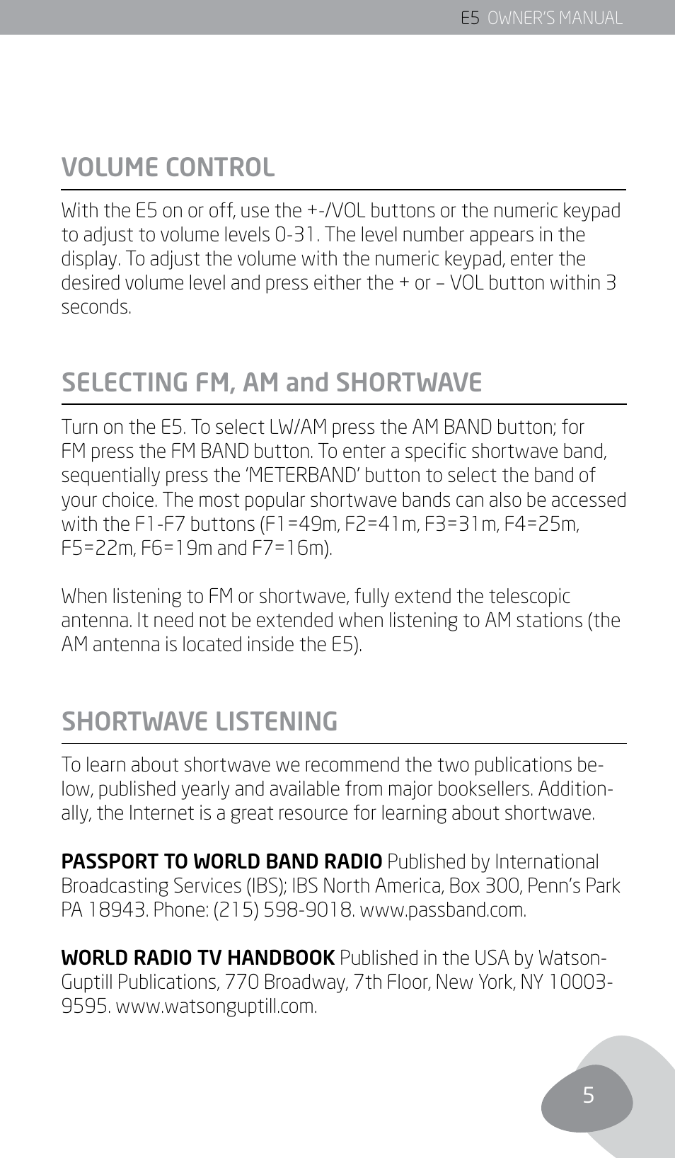 Volume control, Selecting fm, am and shortwave shortwave listening | Eton E5 User Manual | Page 7 / 106