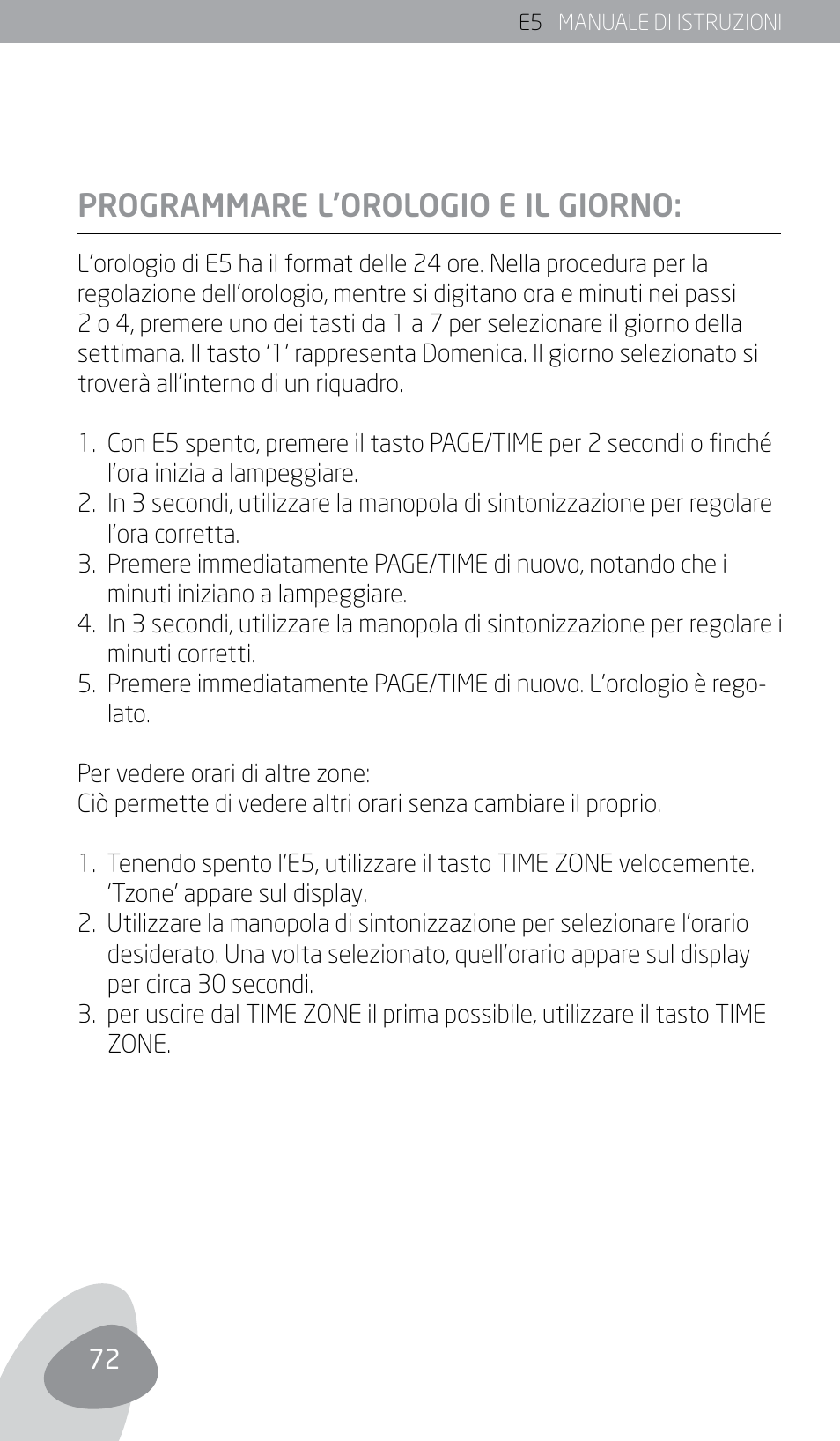 Programmare l’orologio e il giorno | Eton E5 User Manual | Page 74 / 106
