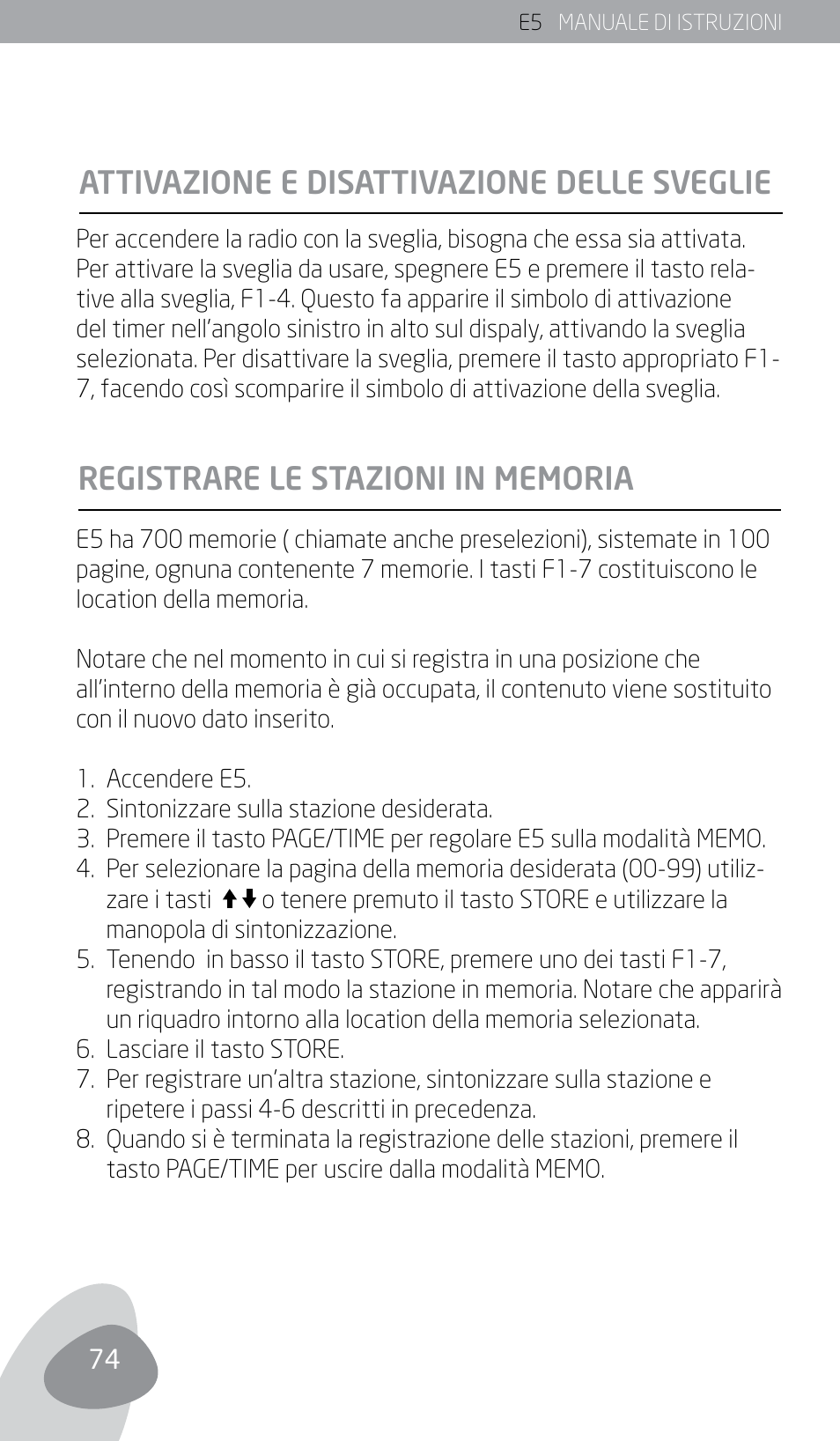 Attivazione e disattivazione delle sveglie | Eton E5 User Manual | Page 76 / 106